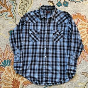 Plains Westernwear Blue Plaid Polyester Snap Button Shirt Size XL Long Sleeve